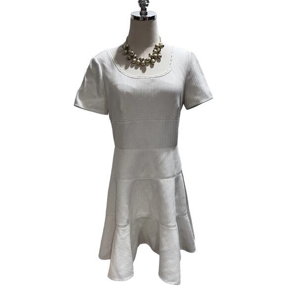 Rebecca Taylor Short Sleeve Stretch Textured Scoop Neck White Lined Dress Sz 10 - Picture 1 of 15